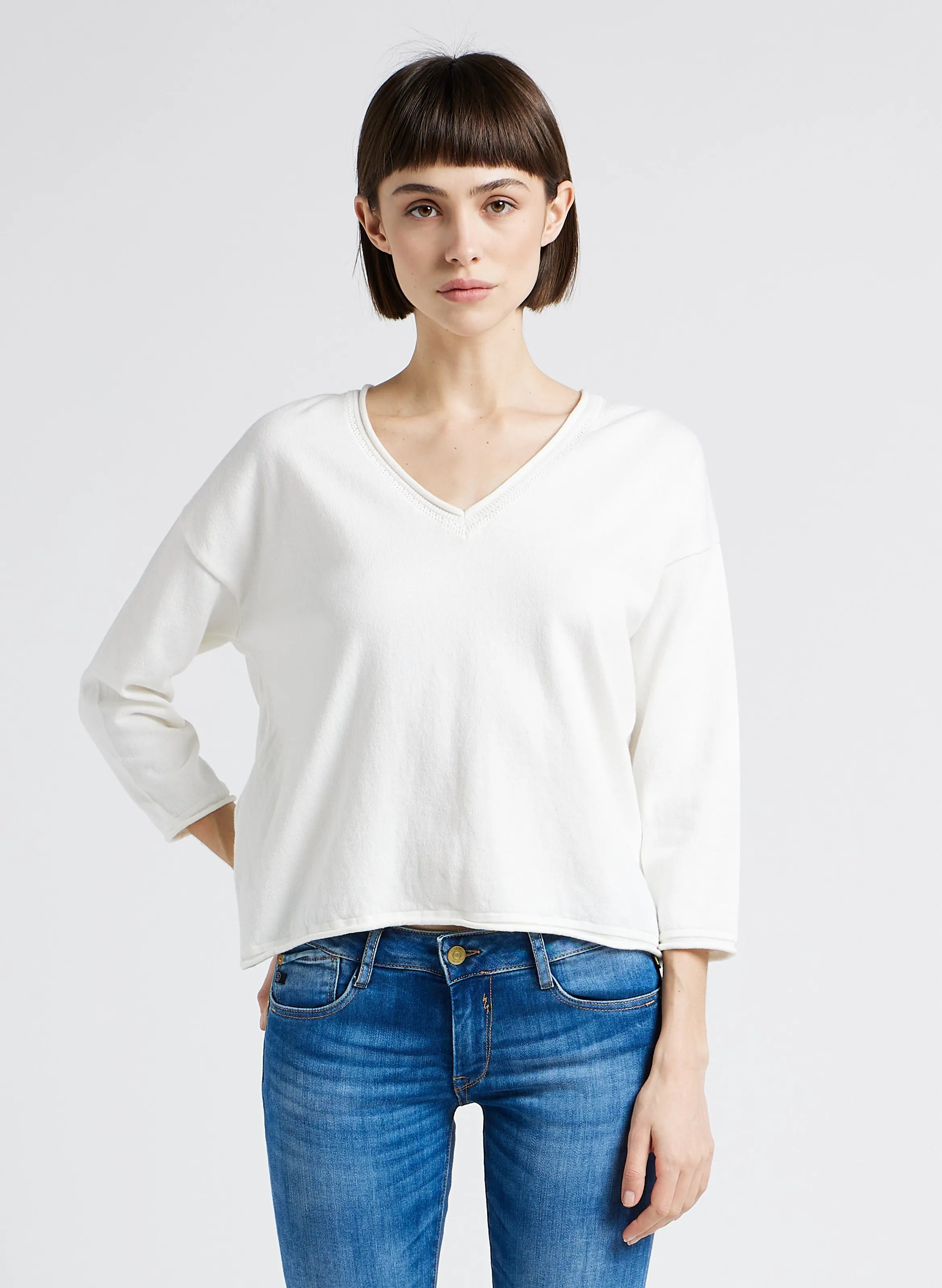  ONE STEP   Maglione a collo a V svasato in cotone | Bianco