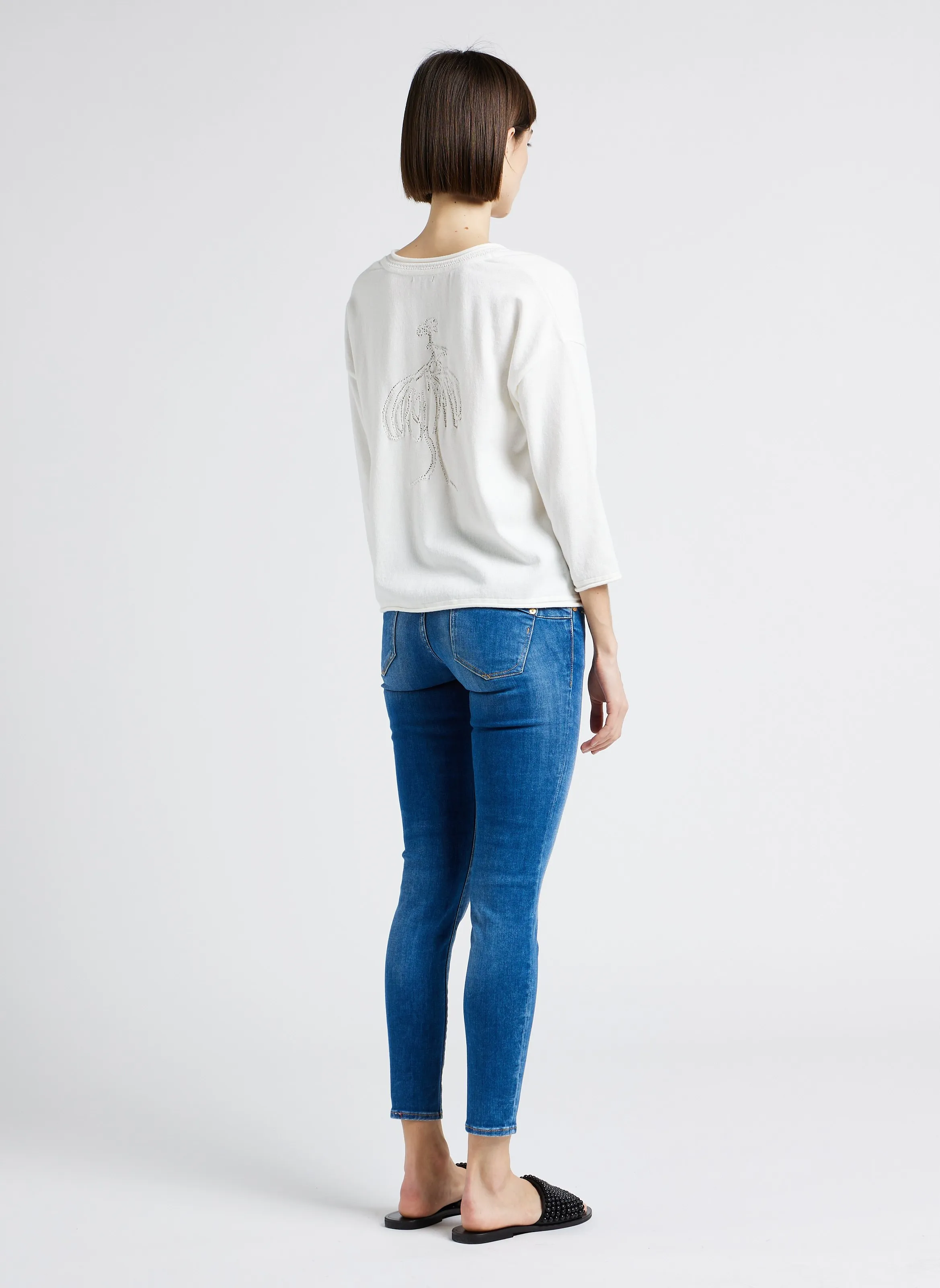  ONE STEP   Maglione a collo a V svasato in cotone | Bianco