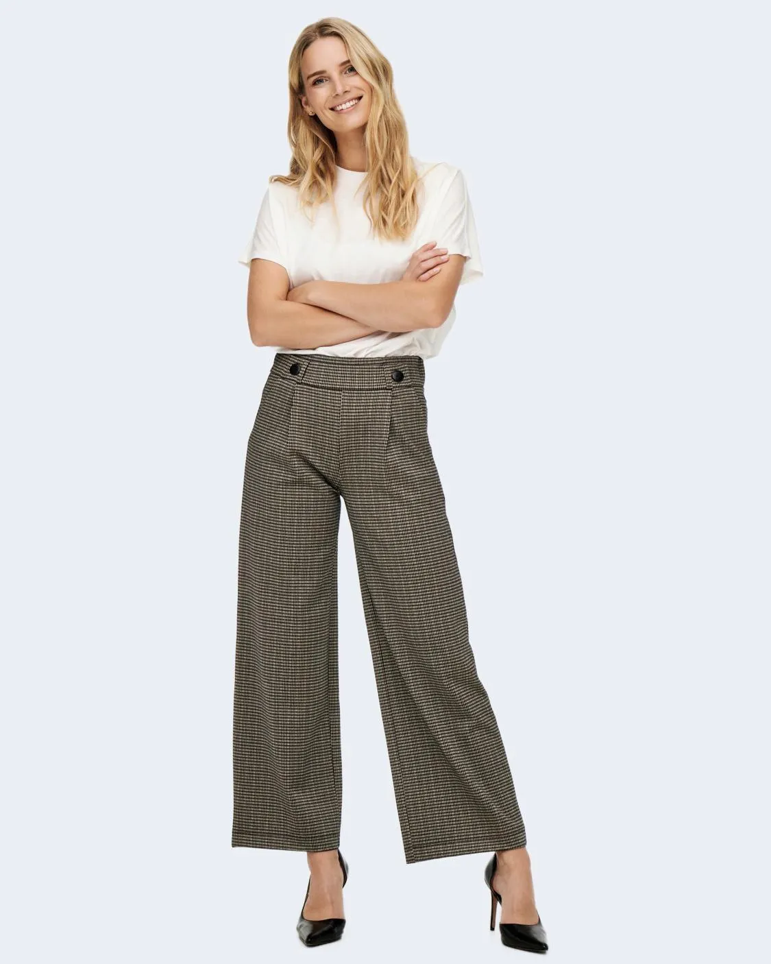 Pantaloni a palazzo Jacqueline De Yong JDYGEGGO MIA LONG CHECK PANT JRS Beige scuro