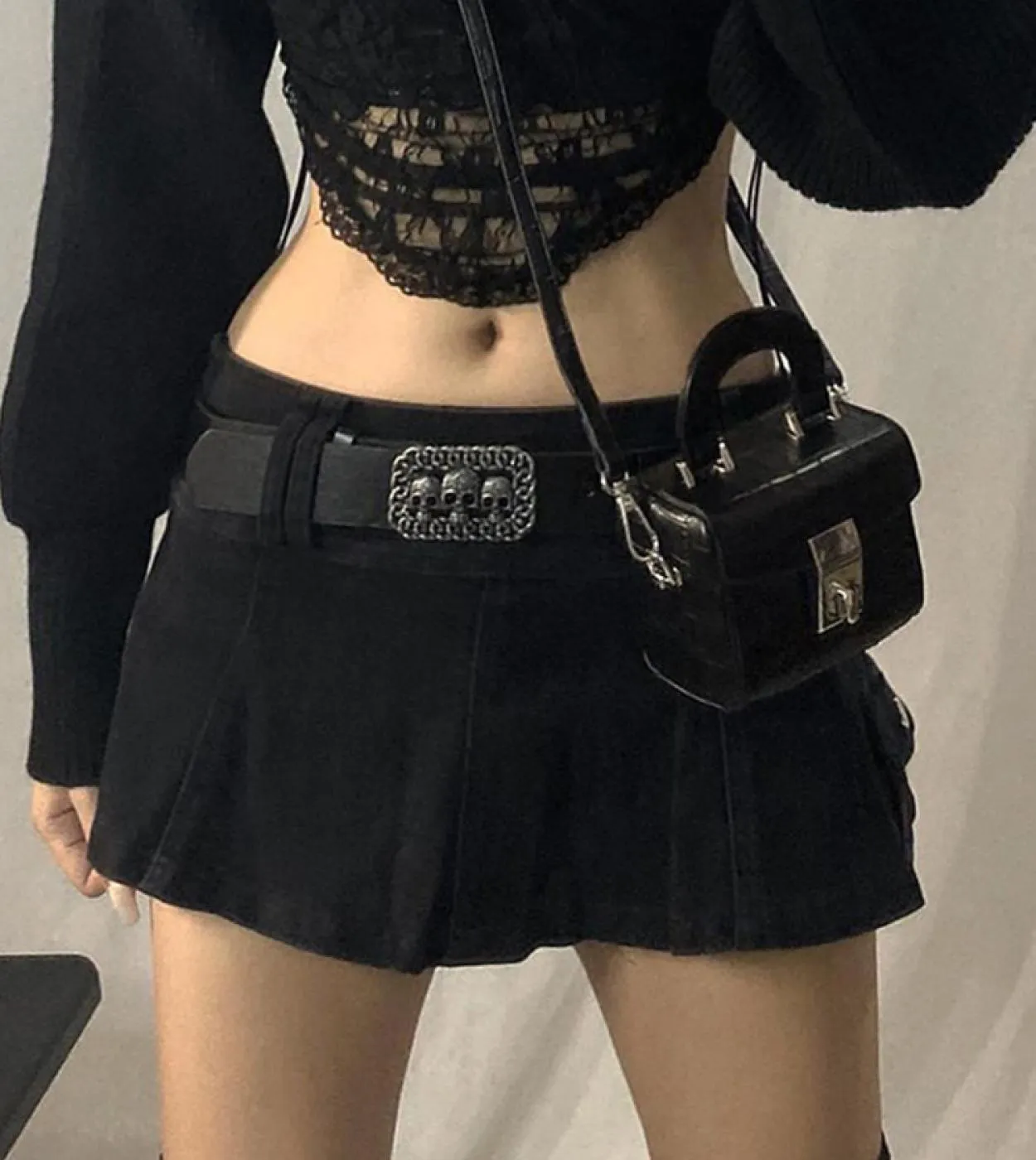 Pastel Goth Vita bassa Micro gonne nere  Streetwear Tasche Patchwork Gonna a trapezio E Girl Estetica Abiti Cerniera