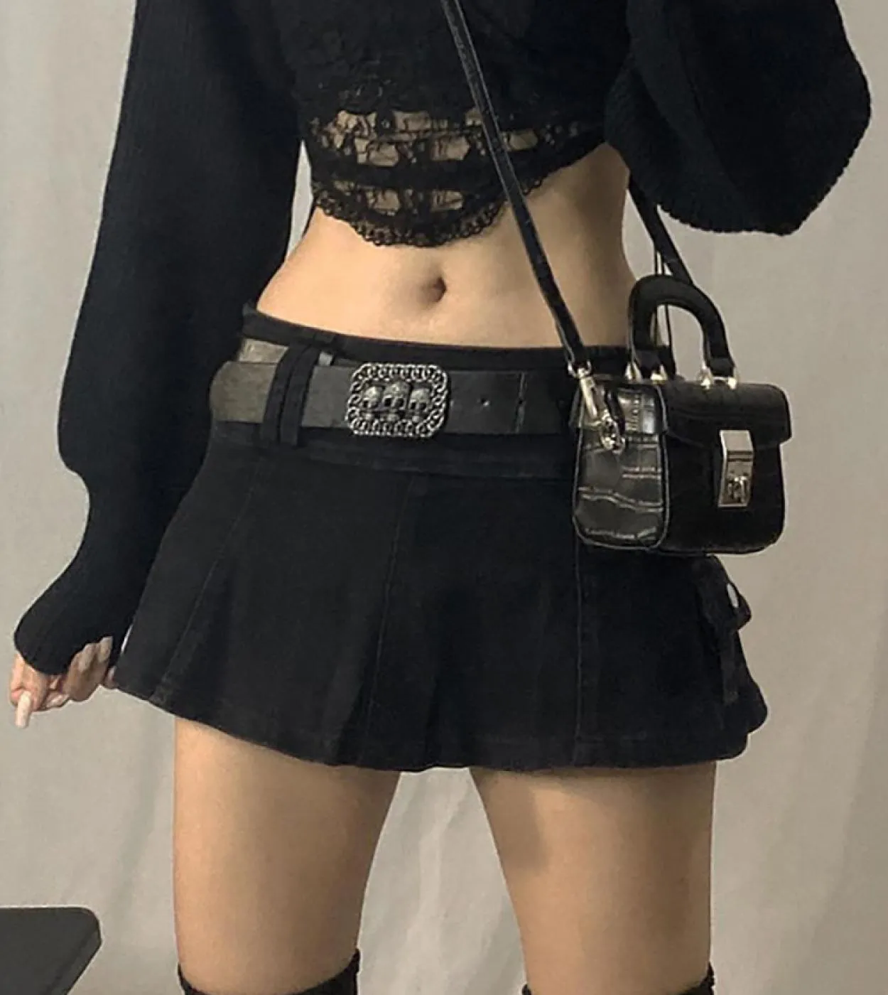 Pastel Goth Vita bassa Micro gonne nere  Streetwear Tasche Patchwork Gonna a trapezio E Girl Estetica Abiti Cerniera