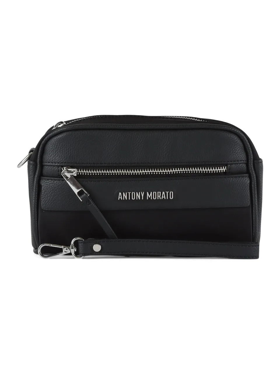 Pochette in ecopelle e tessuto con scritta logo frontale