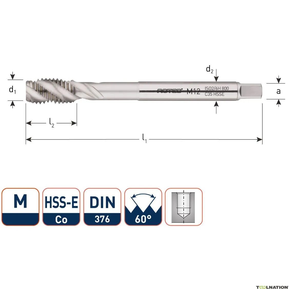Rotec 330.2200C Rubinetto HSS-E 800 BL DIN 376C/40° M22x2,5