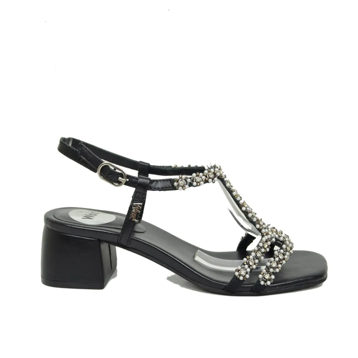 Sandali Donna in Pelle Neri con Tacco Medio e Strass