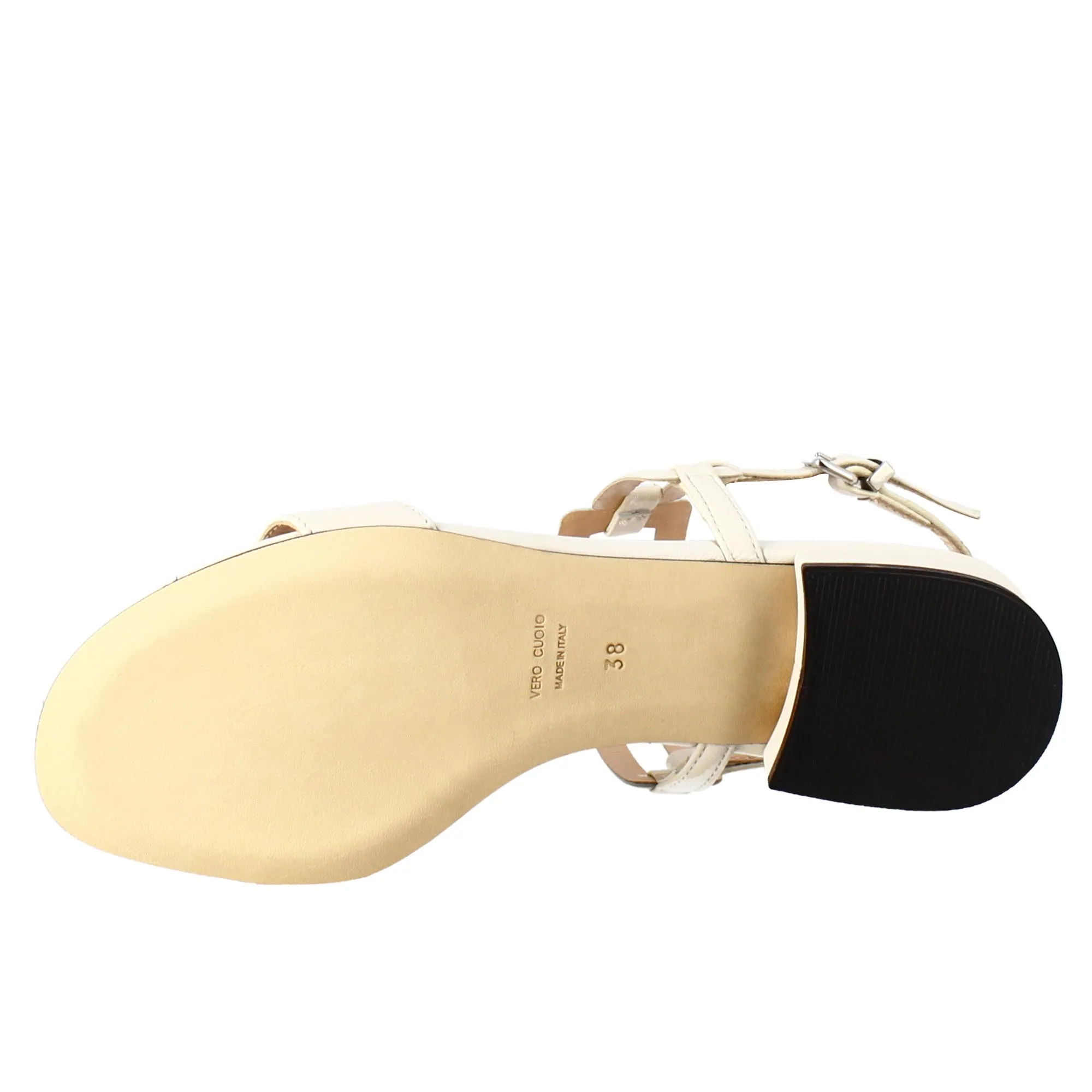 Sandalo aperto da donna con tacco basso in pelle colore crema