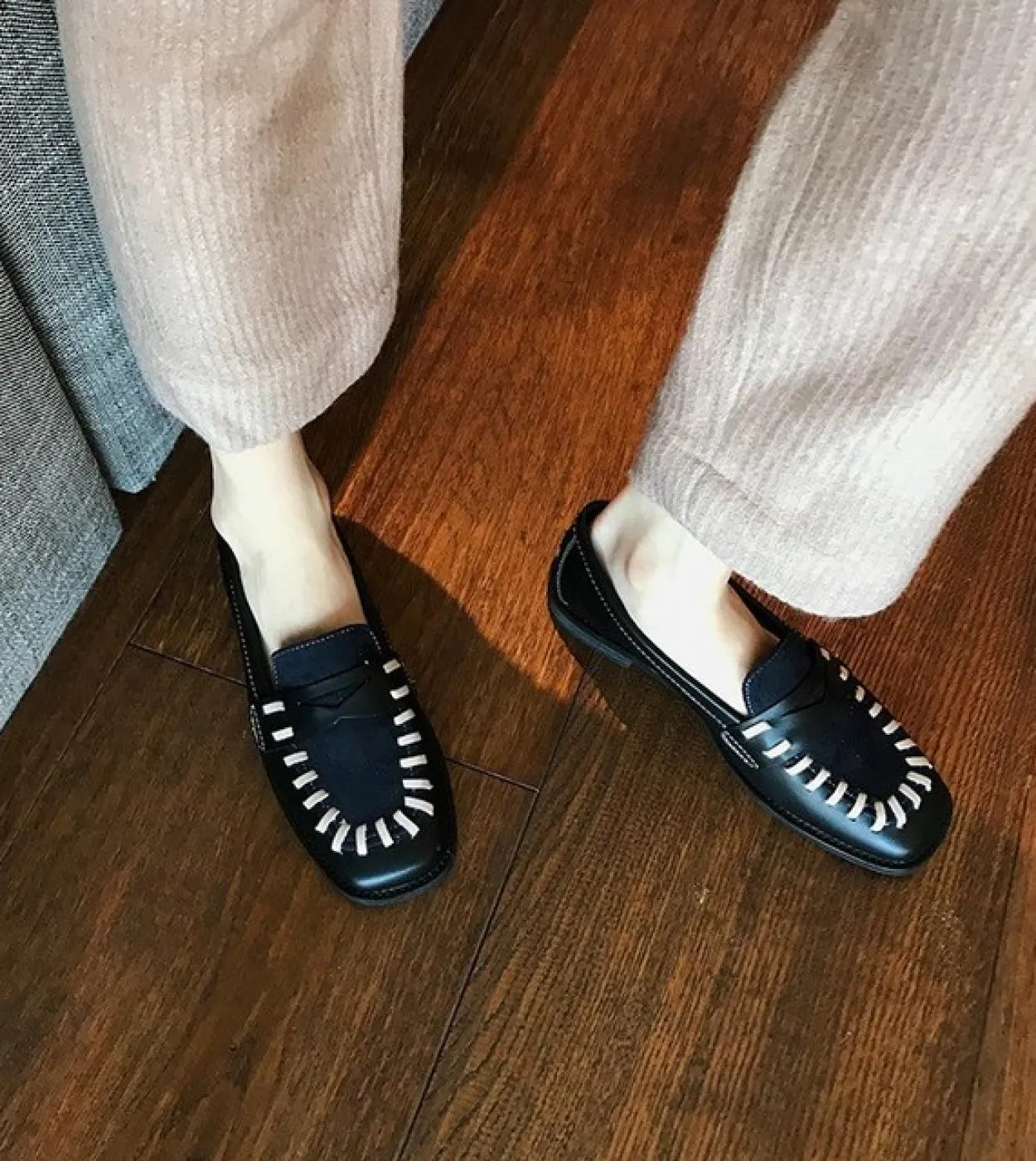 Scarpe da donna Décolleté con punta quadrata intrecciata con tacco basso Décolleté con tacco grosso in contrasto di colore Décol