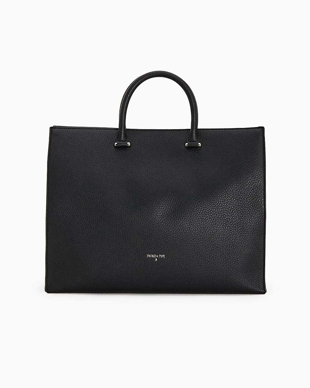 Shopping bag nera misura grande a base rigida in similpelle effetto martellato