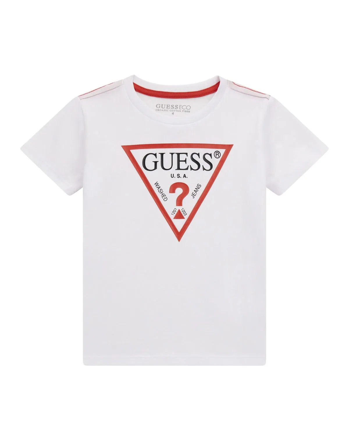 T-shirt bianca in cotone a maniche corte con stampa logo triangolo rosso 3-7 anni