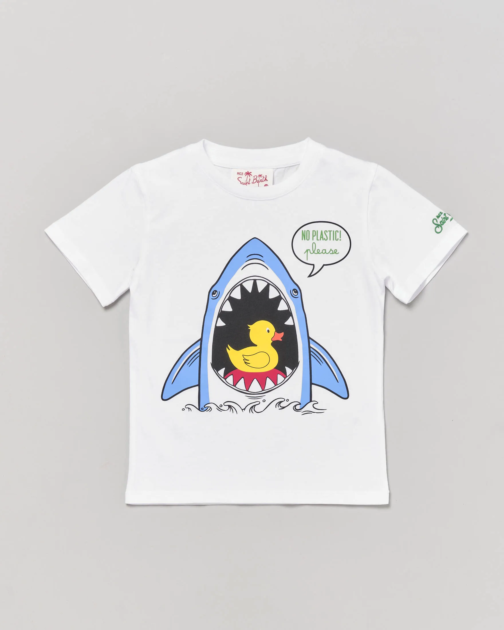 T-shirt bianca mezza manica con stampa grafica shark ducky 2-16 anni