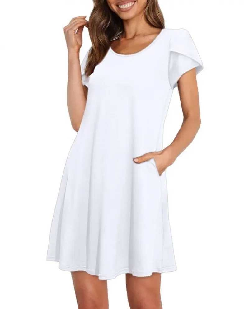 Vestito casual da donna 2022 allentato tinta unita girocollo tasche a maniche corte mini vestito da donna una linea abiti da don