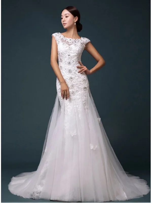 Vestito da Sposa a Sirena economico con ricami e applicazioni di Pizzo