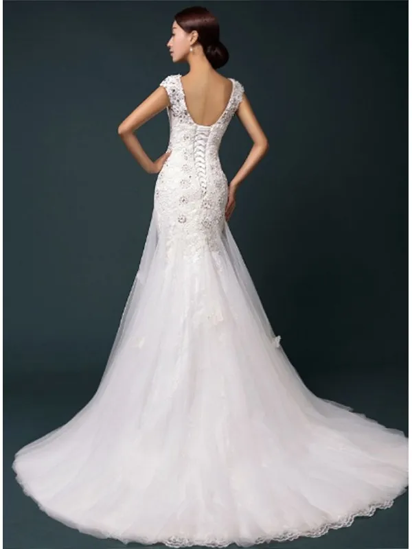 Vestito da Sposa a Sirena economico con ricami e applicazioni di Pizzo
