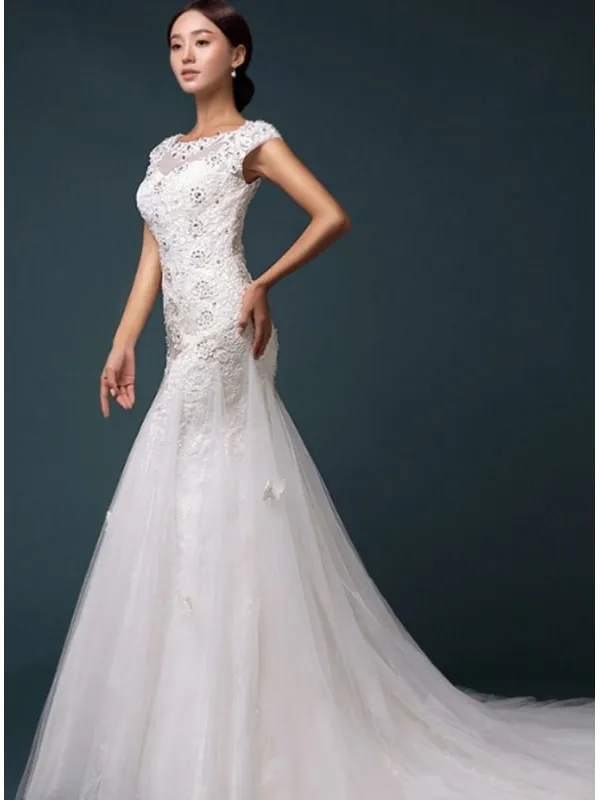 Vestito da Sposa a Sirena economico con ricami e applicazioni di Pizzo