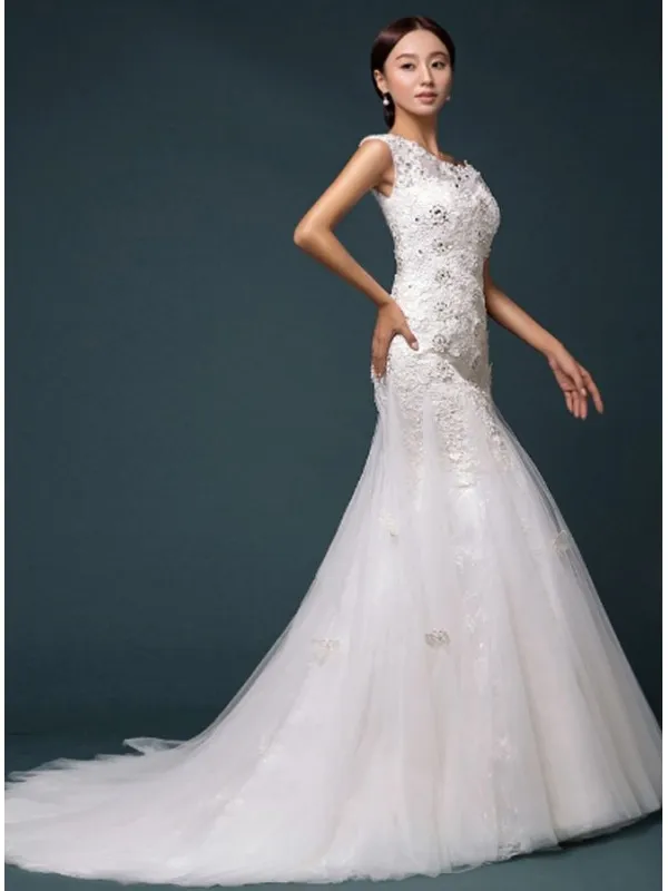 Vestito da Sposa a Sirena economico con ricami e applicazioni di Pizzo