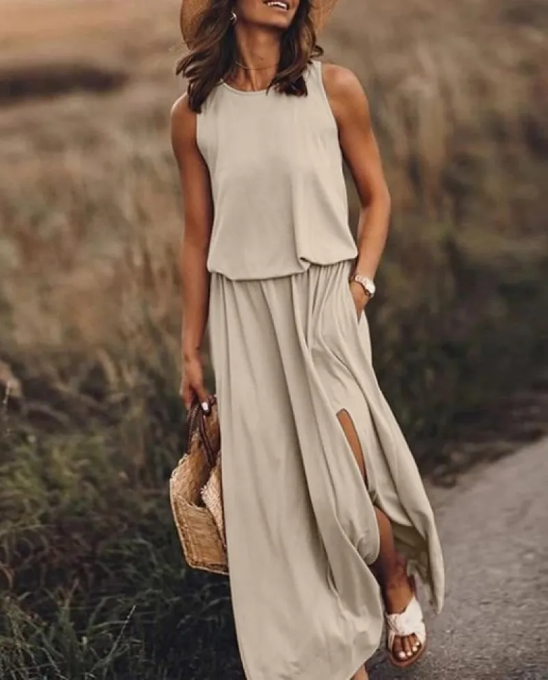 Vestito lungo da festa senza maniche a tinta unita alla moda da donna 2022 Nuovo vestito maxi a pieghe con spacco frontale con s